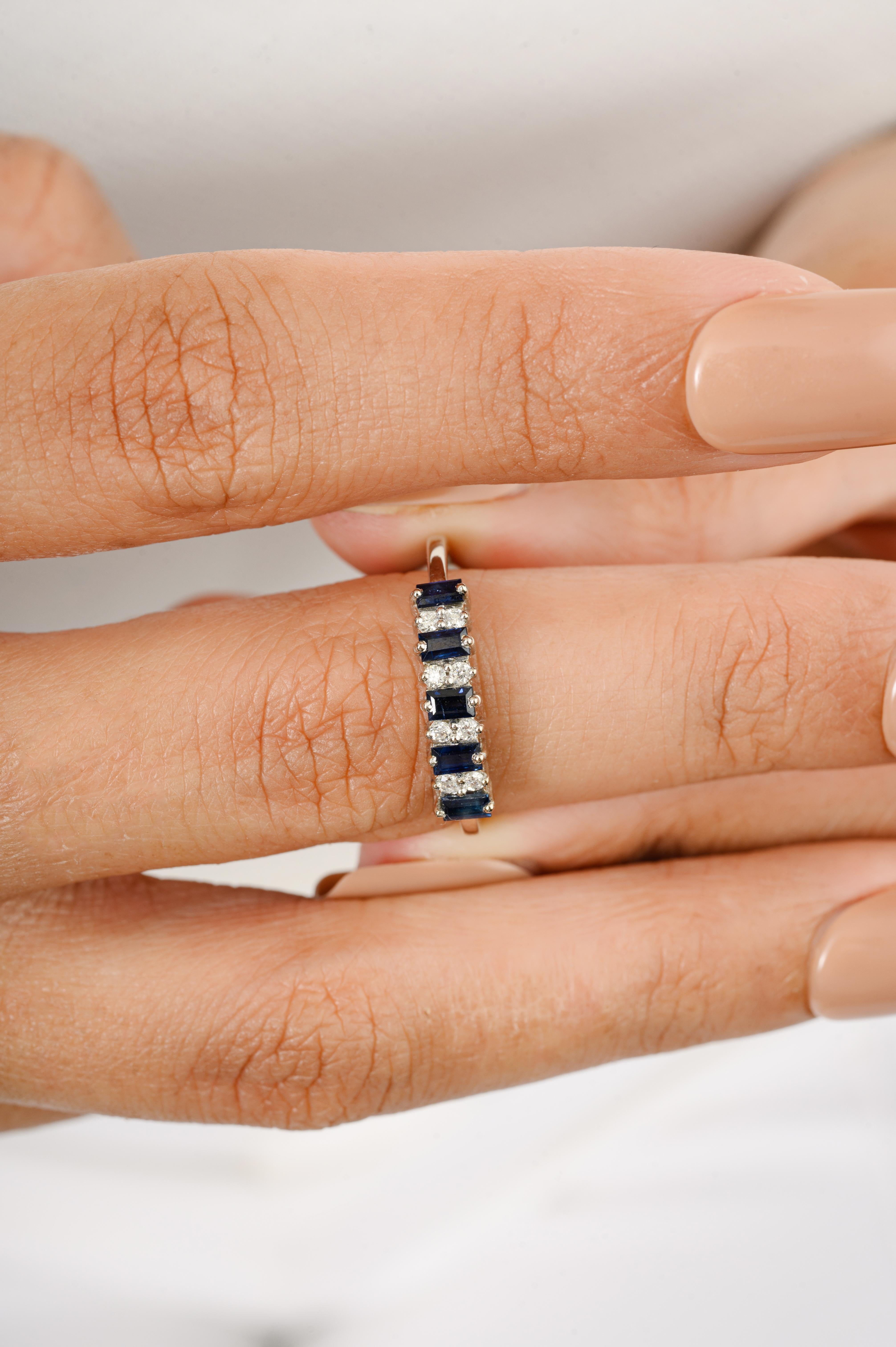 For Sale:  Genuine Deep Blue Sapphire Diamond Sleek Birthstone Band Ring in 14k White Gold 4