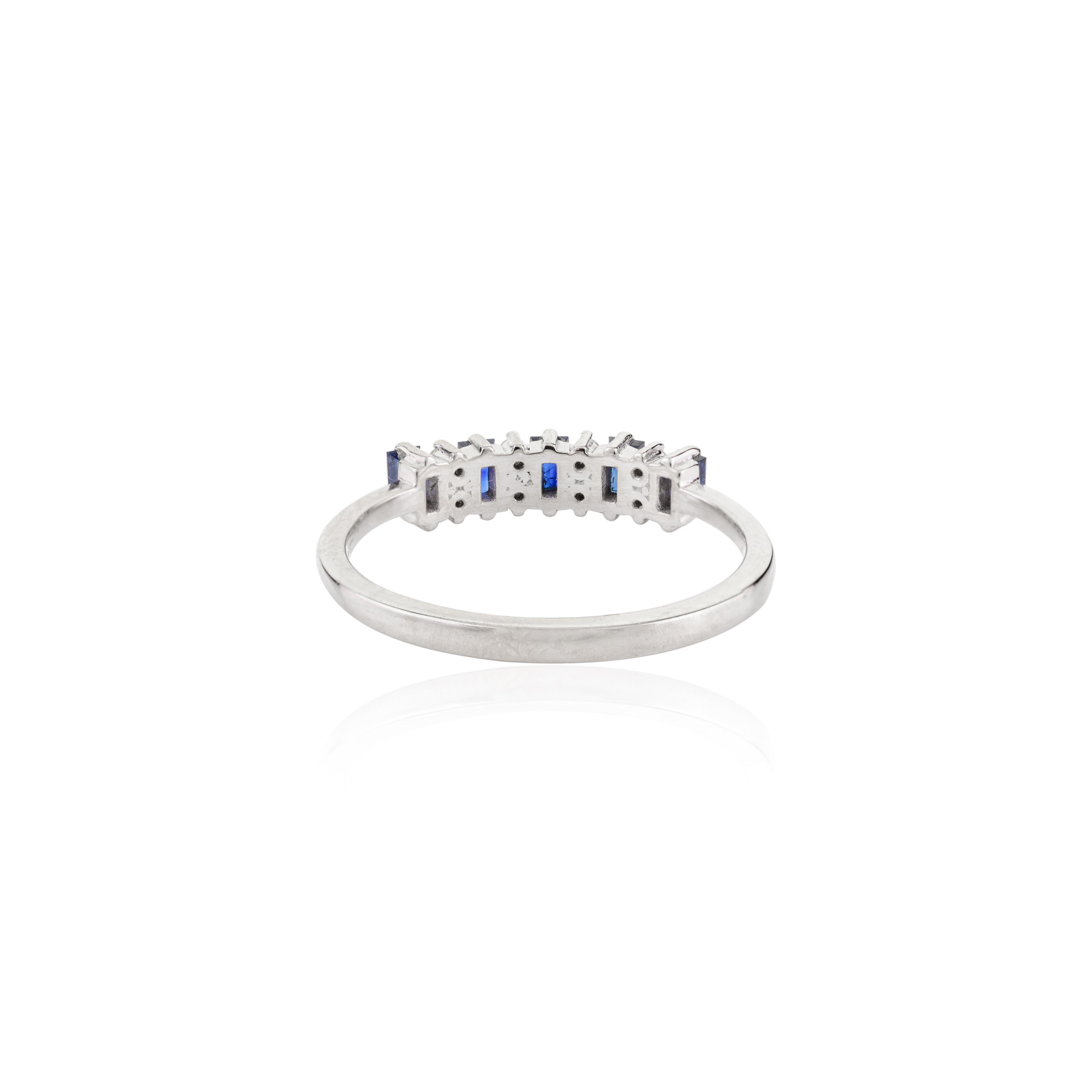 For Sale:  Genuine Deep Blue Sapphire Diamond Sleek Birthstone Band Ring in 14k White Gold 5