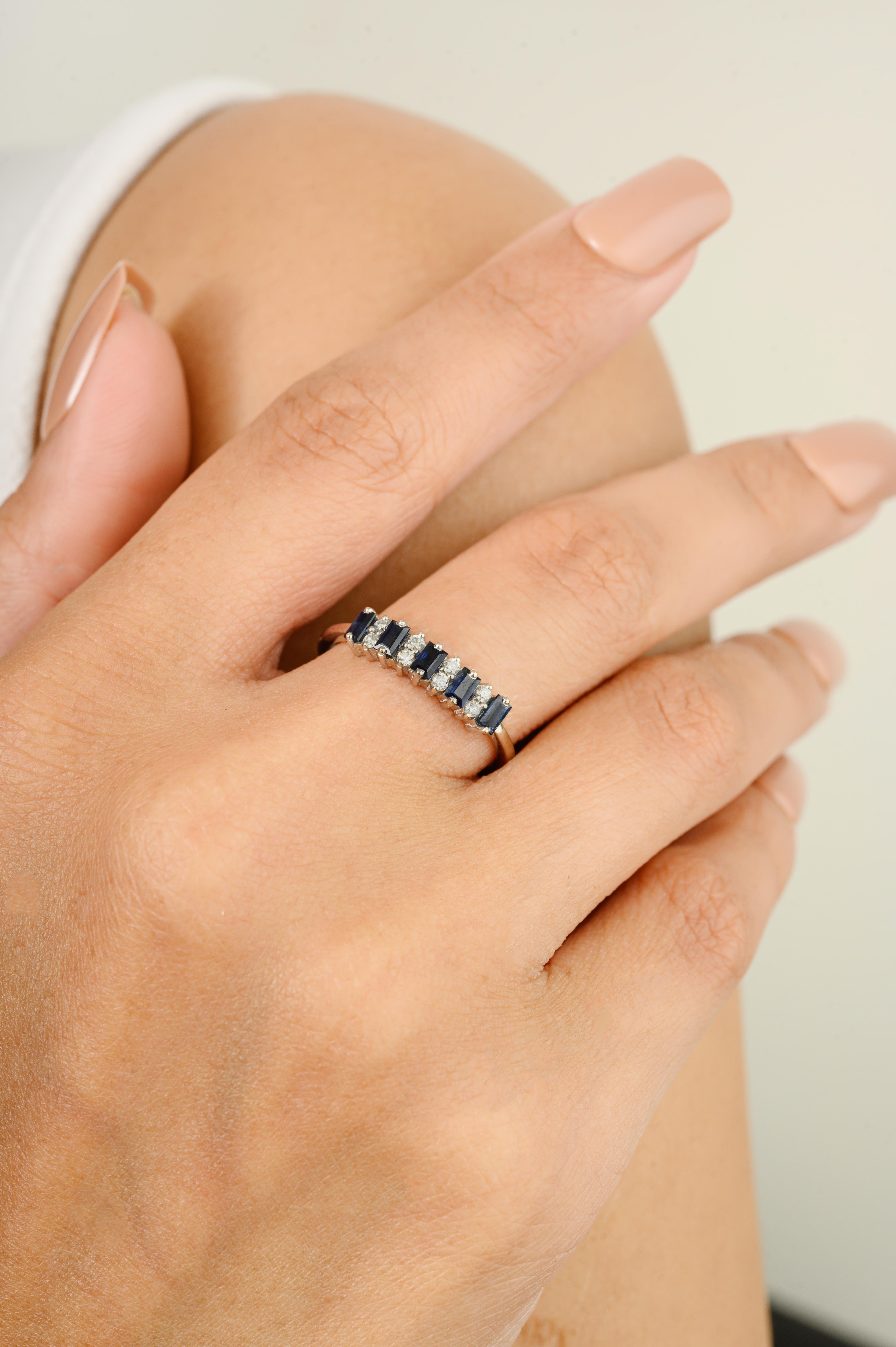For Sale:  Genuine Deep Blue Sapphire Diamond Sleek Birthstone Band Ring in 14k White Gold 6