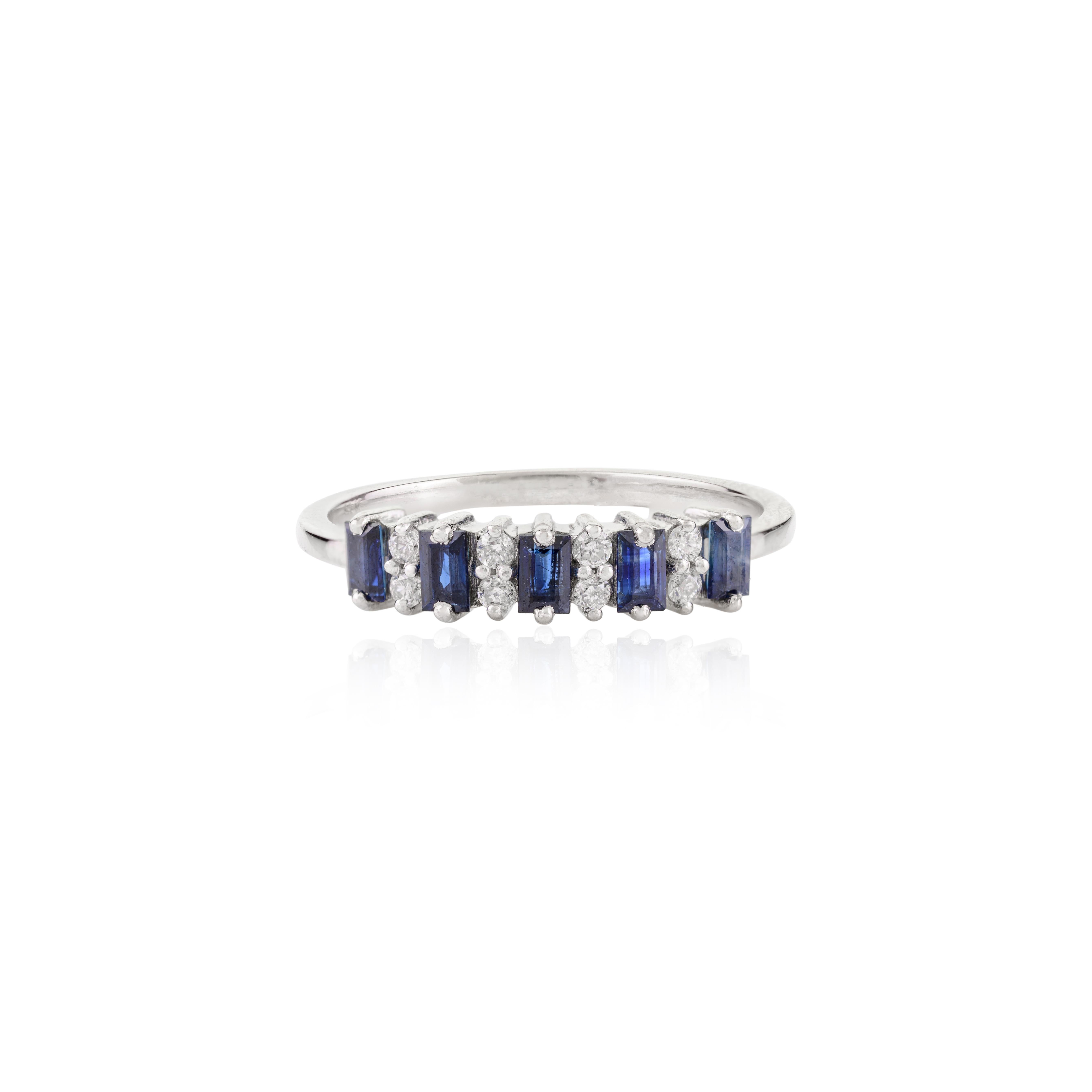 For Sale:  Genuine Deep Blue Sapphire Diamond Sleek Birthstone Band Ring in 14k White Gold 9