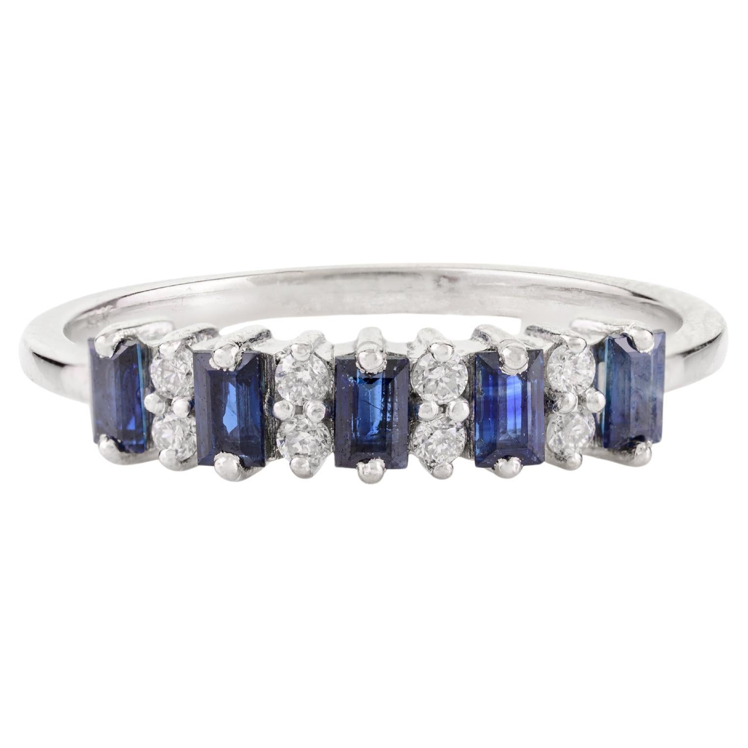 For Sale:  Genuine Deep Blue Sapphire Diamond Sleek Birthstone Band Ring in 14k White Gold