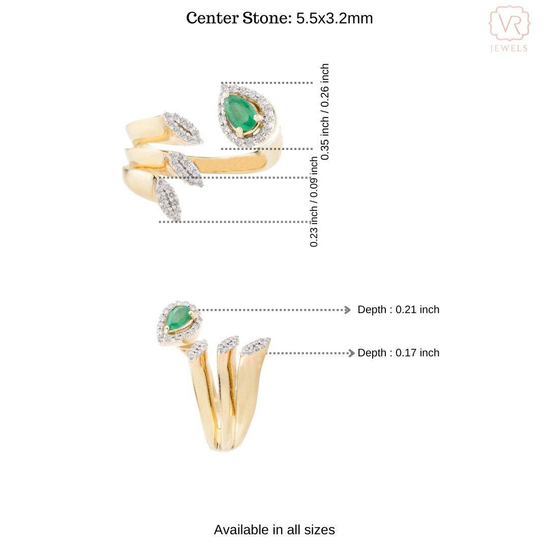 En vente :  Bague cocktail ouverte de créateur en or jaune massif 14 carats avec diamants et émeraudes 10