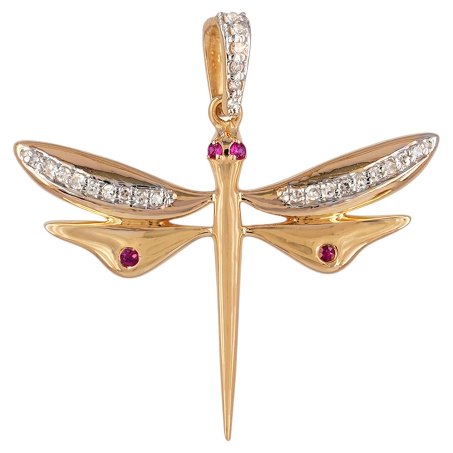 Genuine Diamond 14k Yellow Gold Dragonfly Pendant Fine Ruby Jewelry For Sale