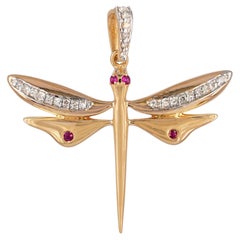Genuine Diamond 14k Yellow Gold Dragonfly Pendant Fine Ruby Jewelry