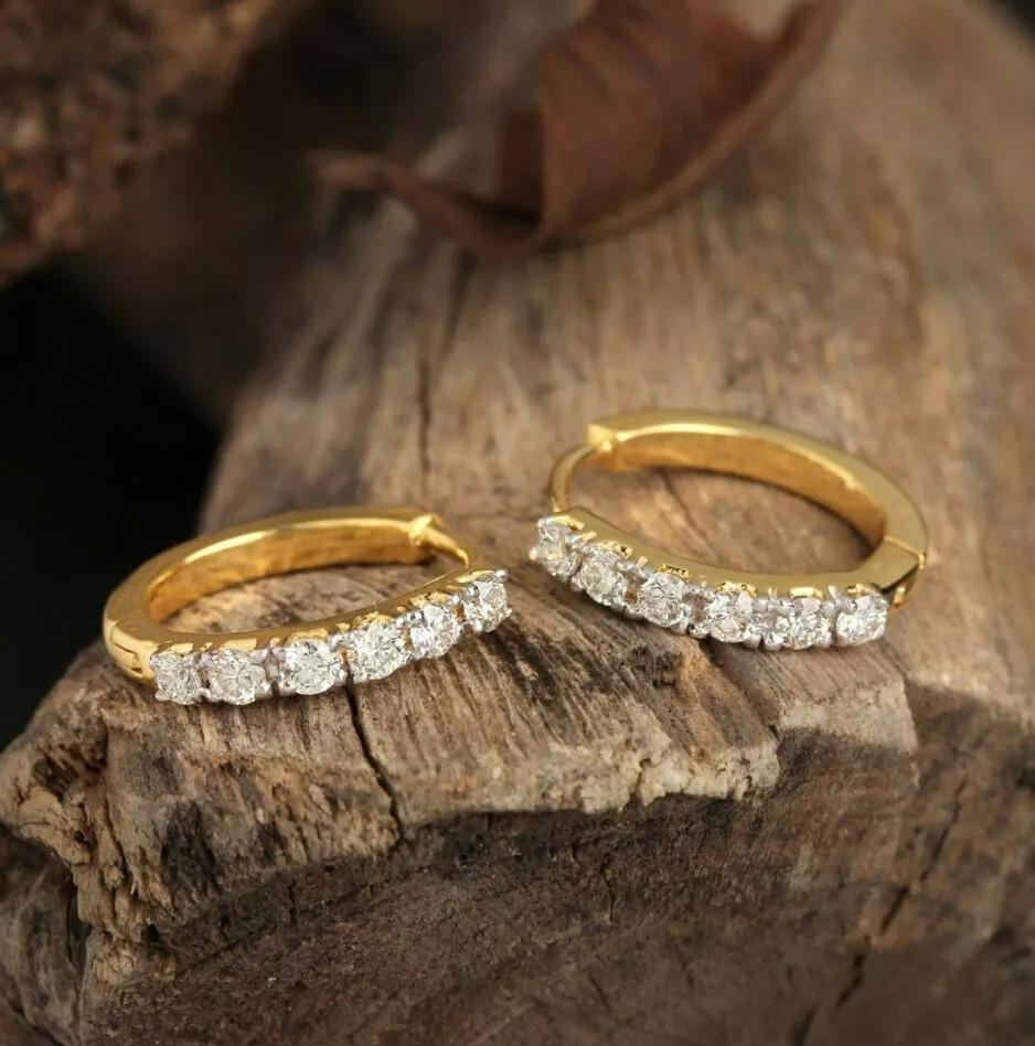 Round Cut Genuine Diamond 14K Yellow Gold Hoop Earring Handmade For Sale
