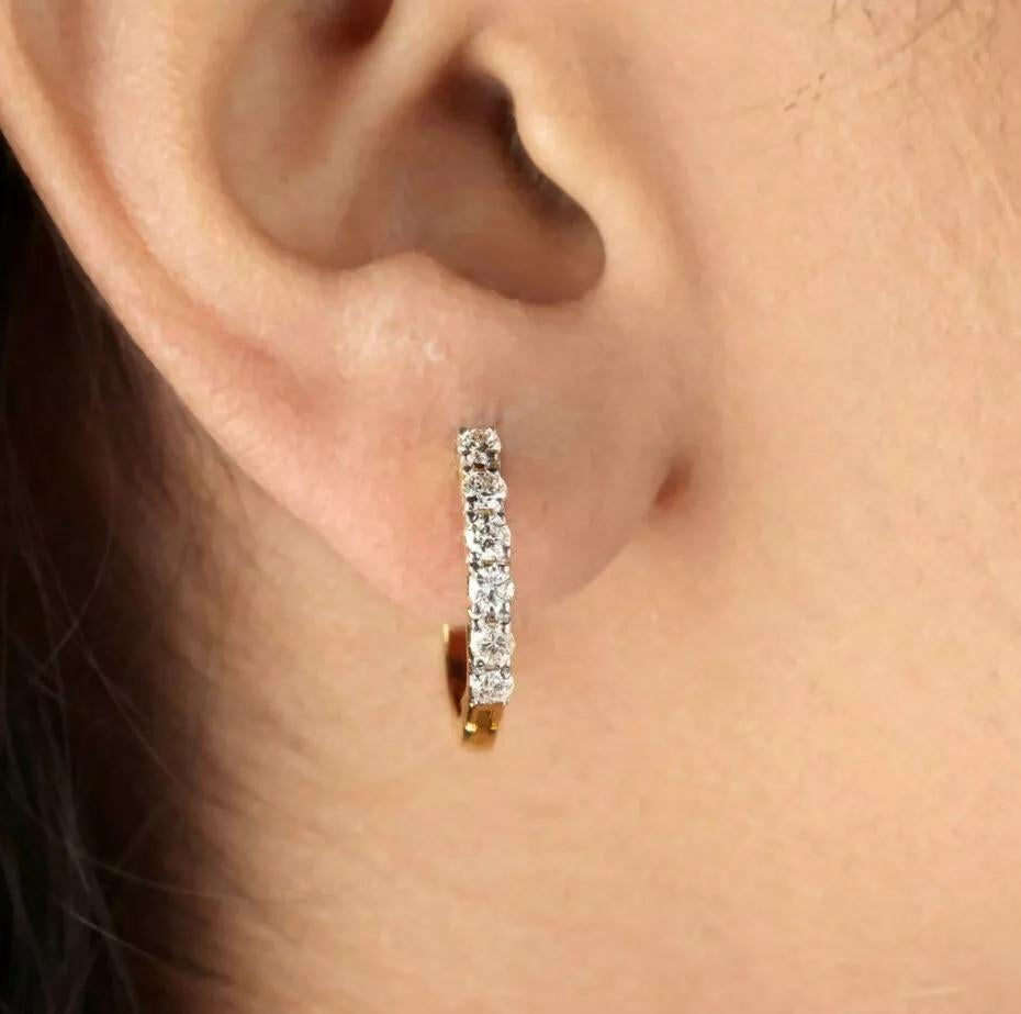 Genuine Diamond 14K Yellow Gold Hoop Earring Handmade In New Condition For Sale In Chicago, IL
