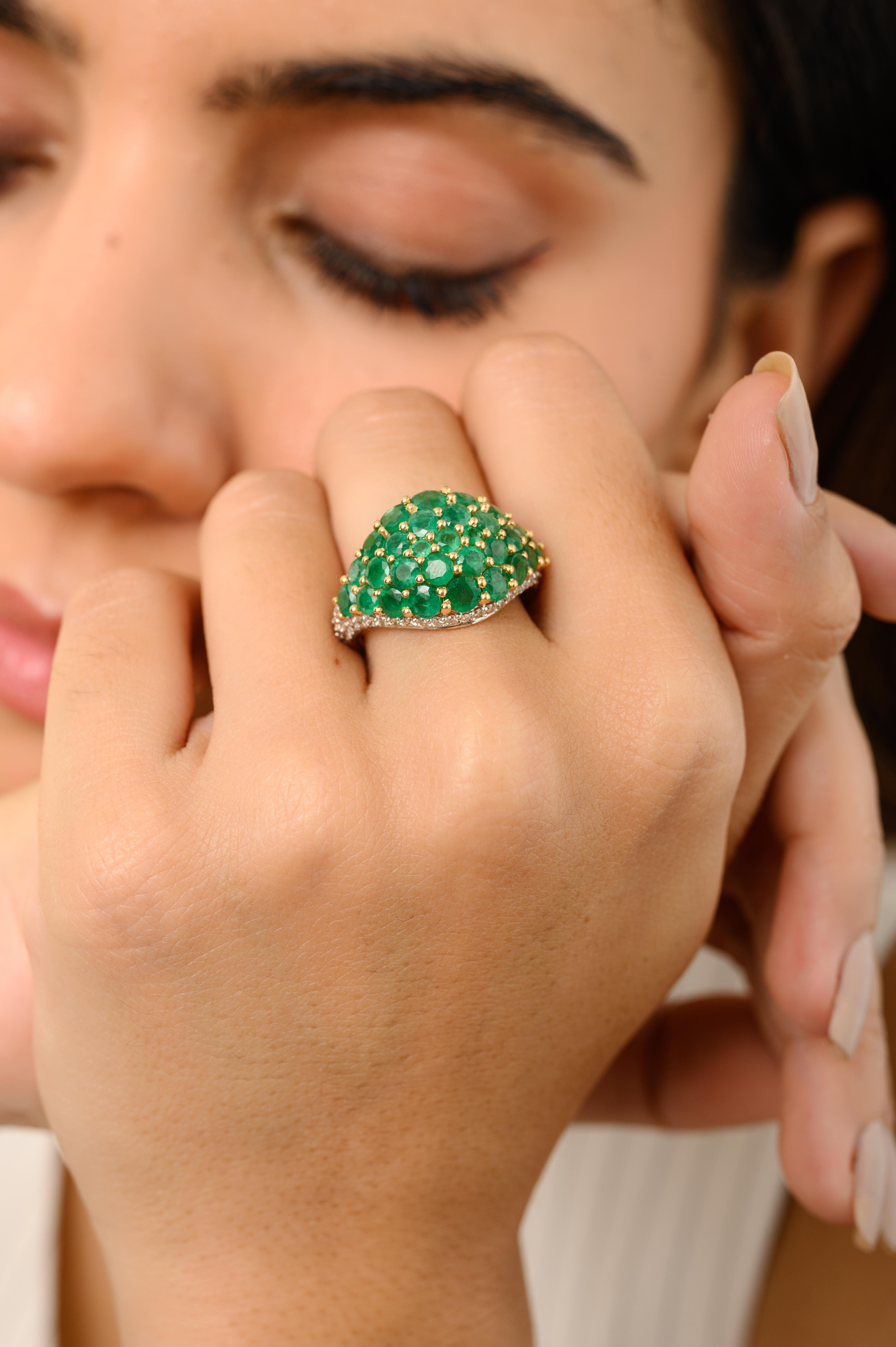 For Sale:  Genuine Diamond and 3.6 CTW Emerald Cluster Dome Ring in 18k Yellow Gold 2