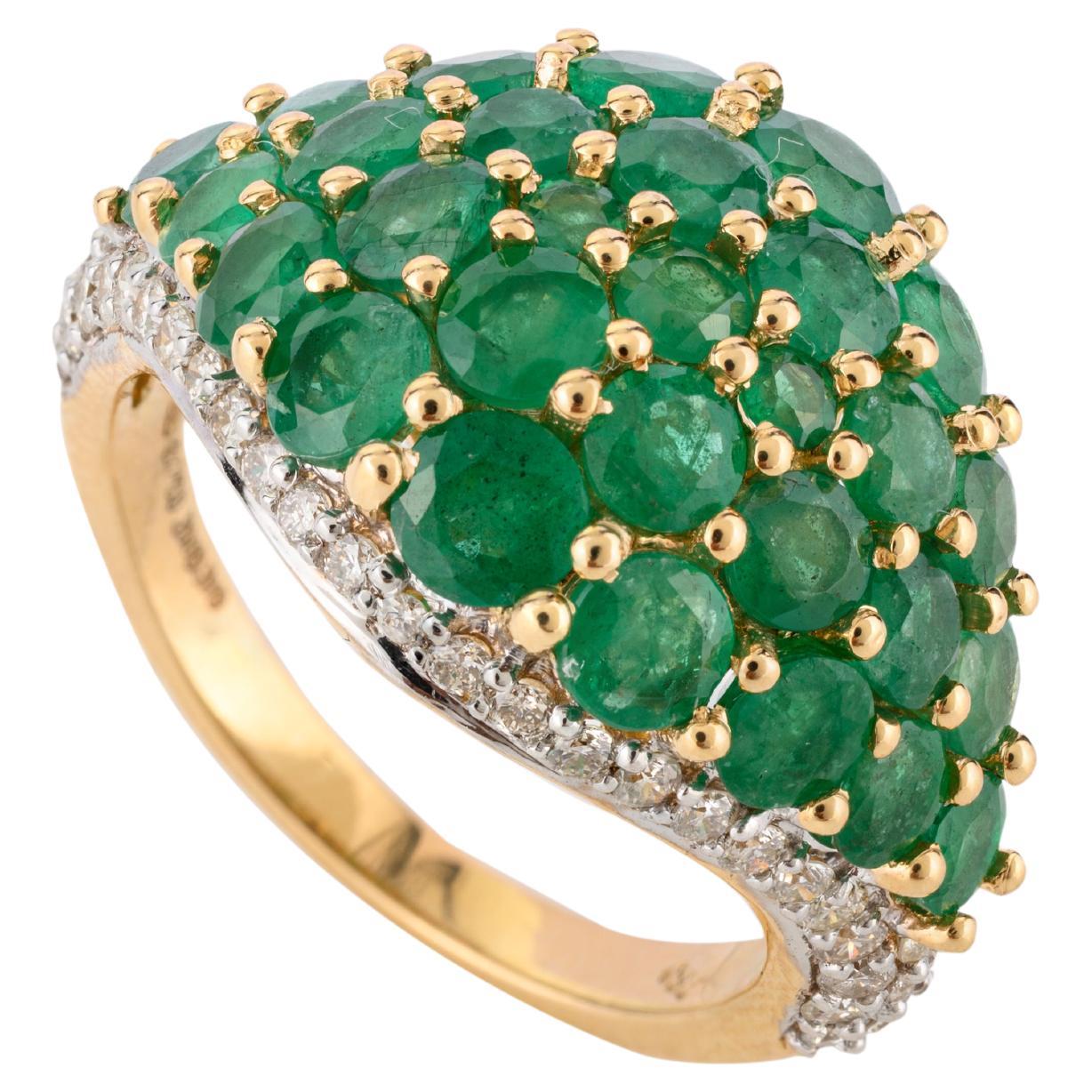 For Sale:  Genuine Diamond and 3.6 CTW Emerald Cluster Dome Ring in 18k Yellow Gold