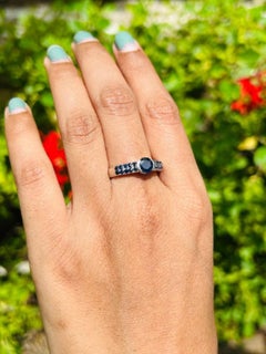 Genuine Diamond and Blue Sapphire Cluster Ring in Silver Luxury Jewelry Gift
