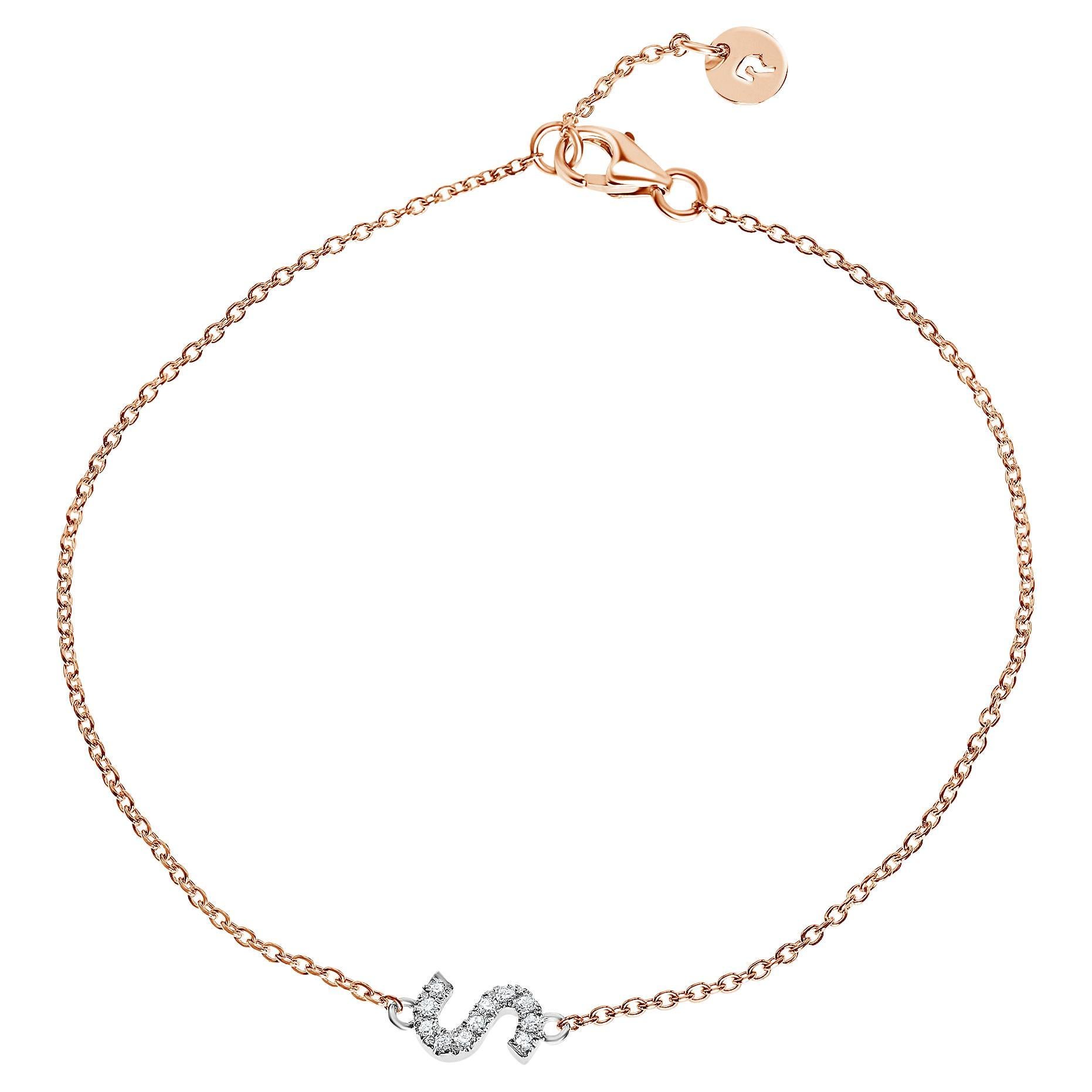Genuine Diamond Asymmetrical Letter Bracelet in 14k Rose Gold, Shlomit Rogel For Sale