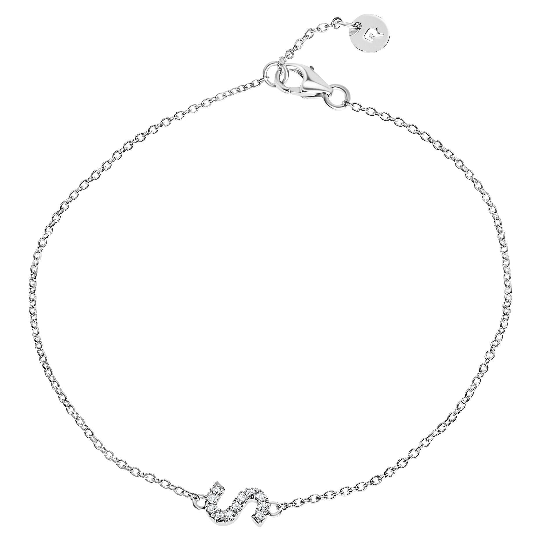 Lettre asymétrique en diamant Initial  Bracelet en or blanc 14 carats - Shlomit Rogel en vente