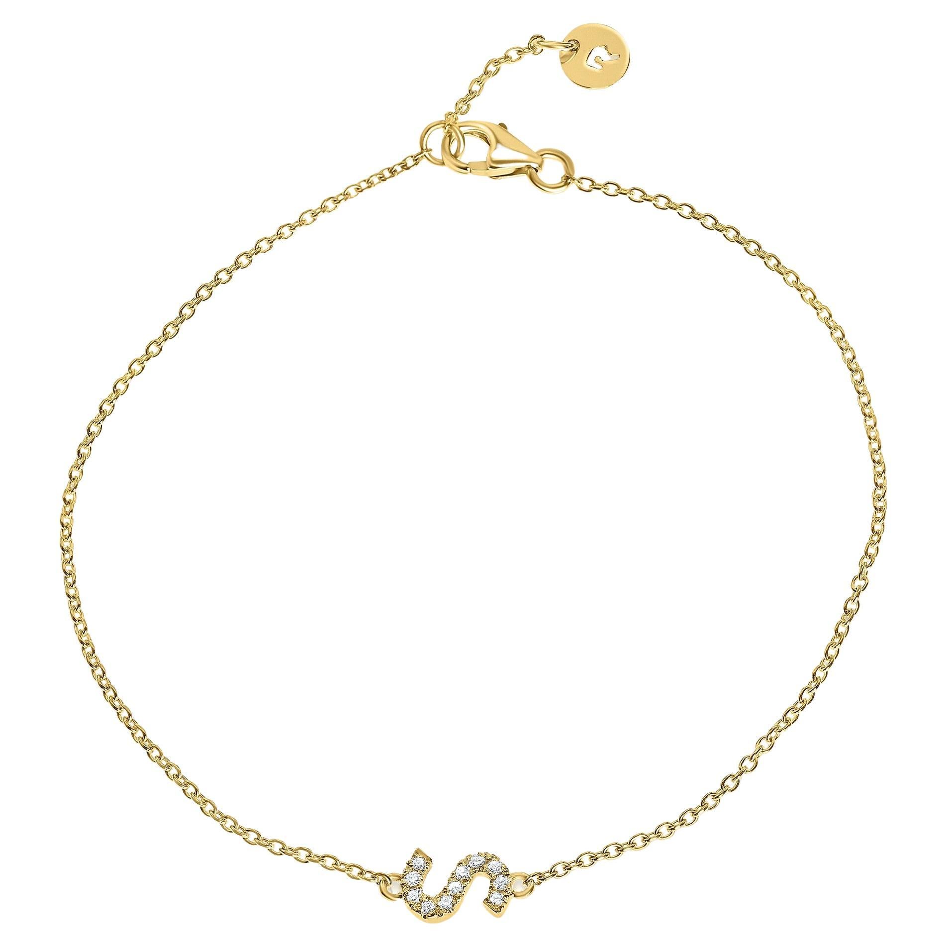 Genuine Diamond Asymmetrical Letter Bracelet in 14k Yellow Gold, Shlomit Rogel For Sale