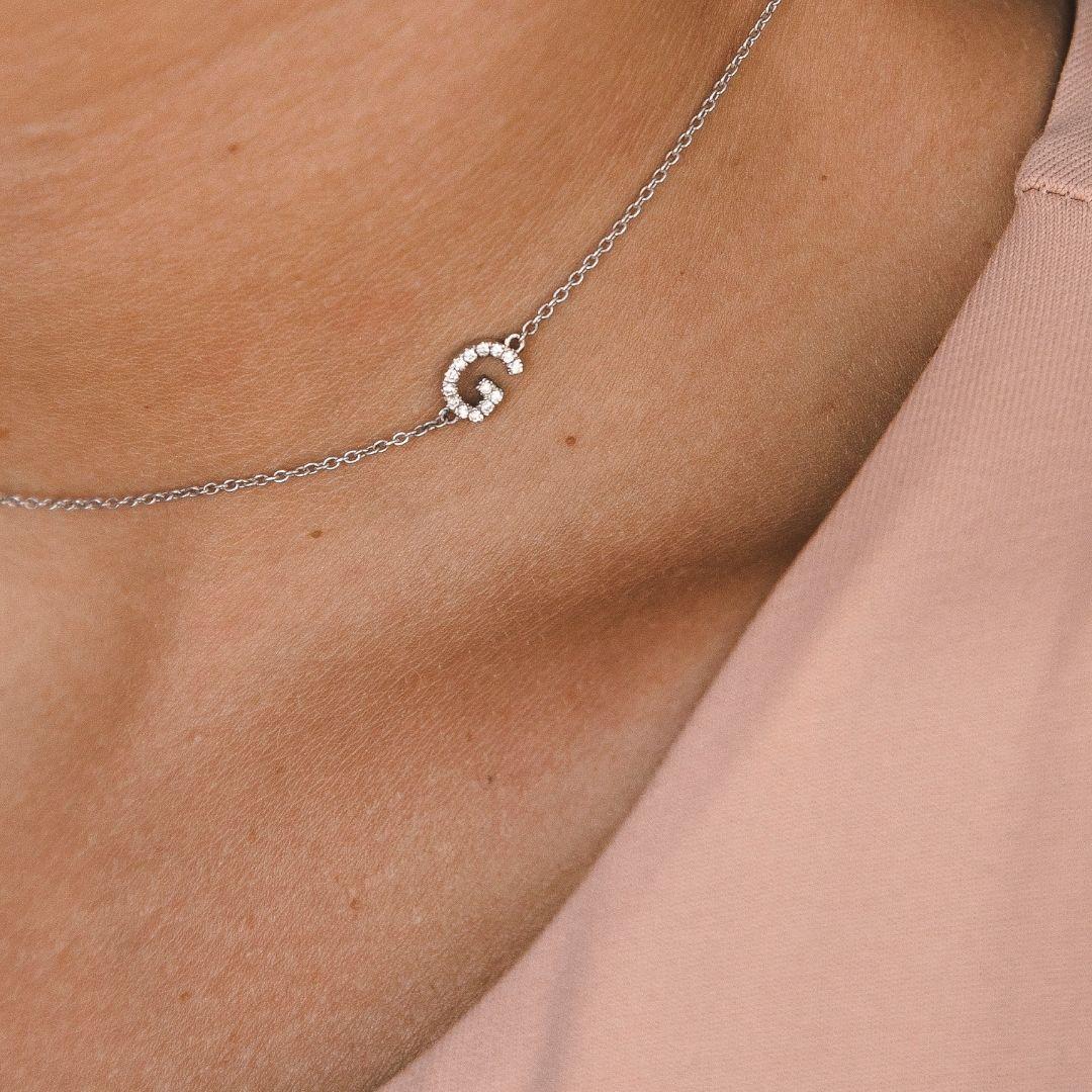 Contemporary Personalized Diamond Letter Initial Necklace in 14k White Gold Shlomit Rogel For Sale