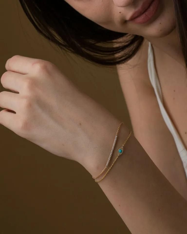 Taille ronde Bracelet à barre de diamants véritables en or massif 14 carats en vente