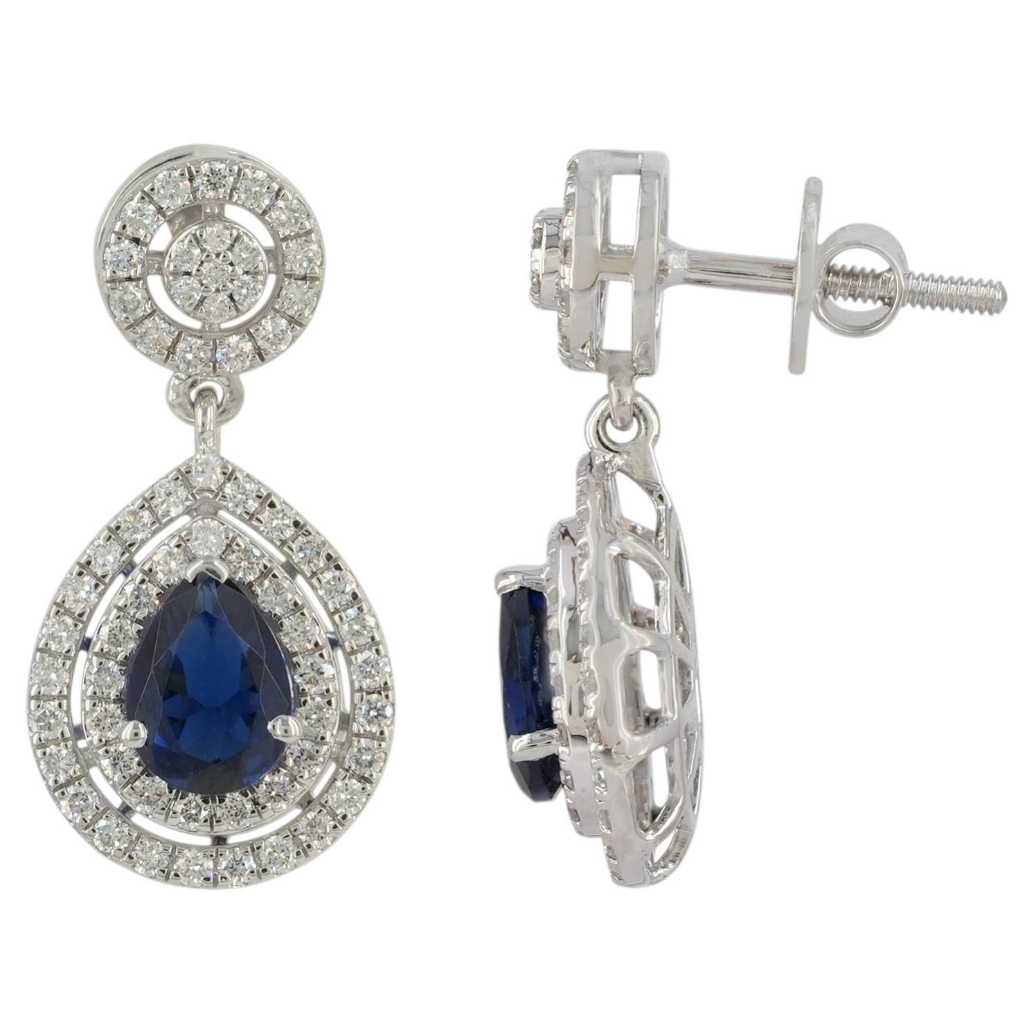 Genuine Diamond Blue Sapphire 14k White Gold Drop Dangle Elegant Fine Earrings