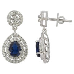 Genuine Diamond Blue Sapphire 14k White Gold Drop Dangle Elegant Fine Earrings
