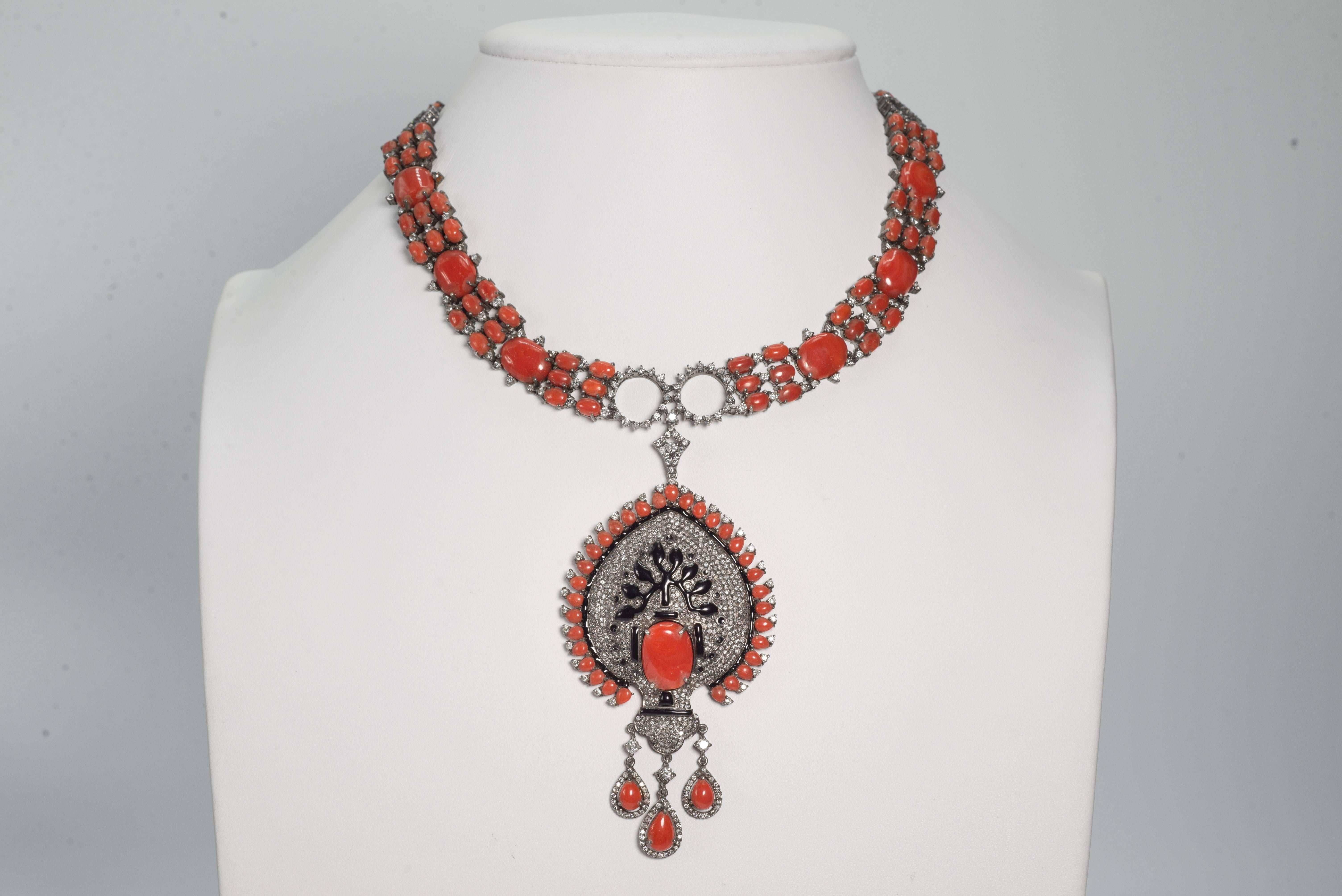 Art Deco Style Steel Grey Diamond Coral Black Onyx Tree Of Life  Necklace In New Condition In New York, NY