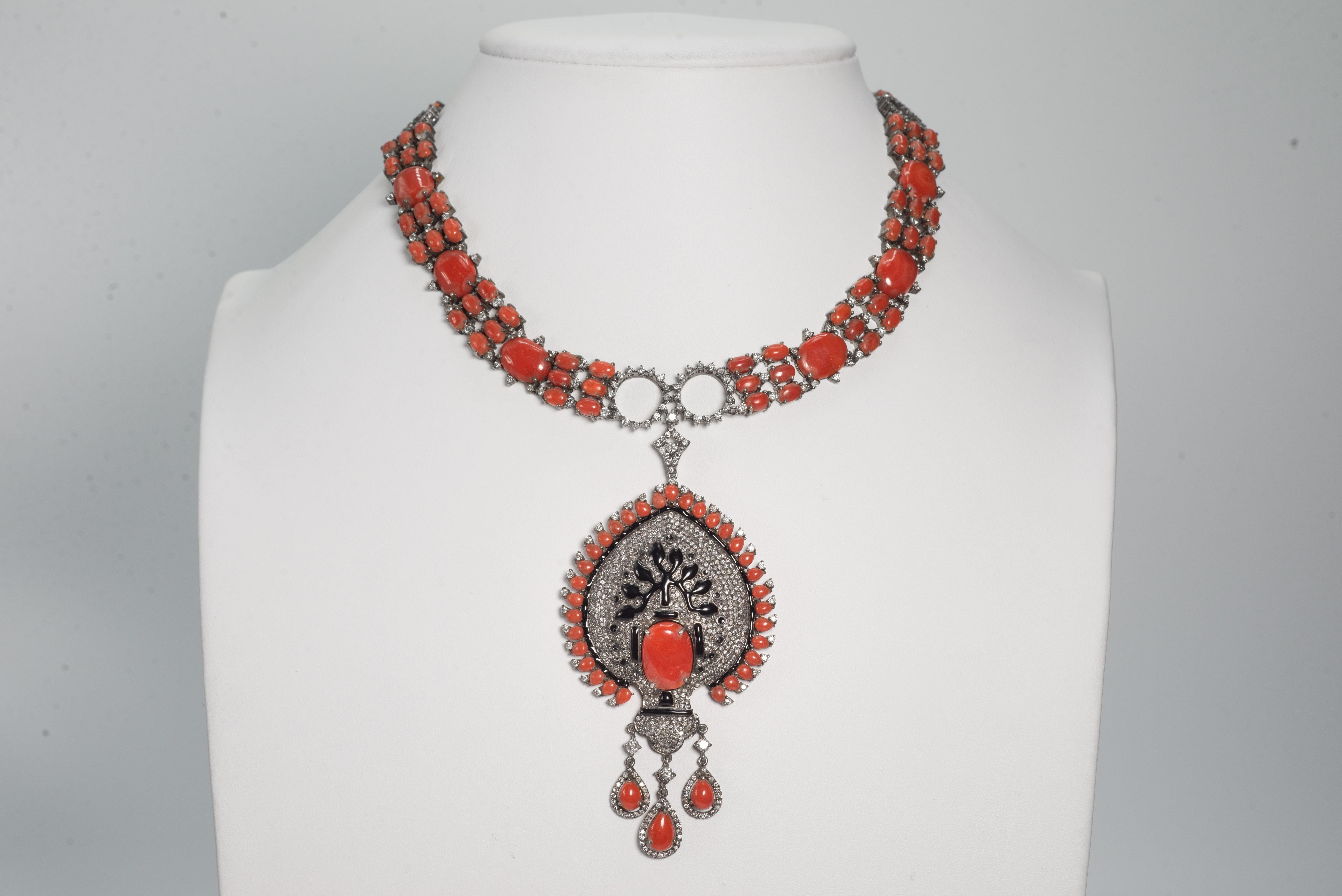 Women's Art Deco Style Steel Grey Diamond Coral Black Onyx Tree Of Life  Necklace