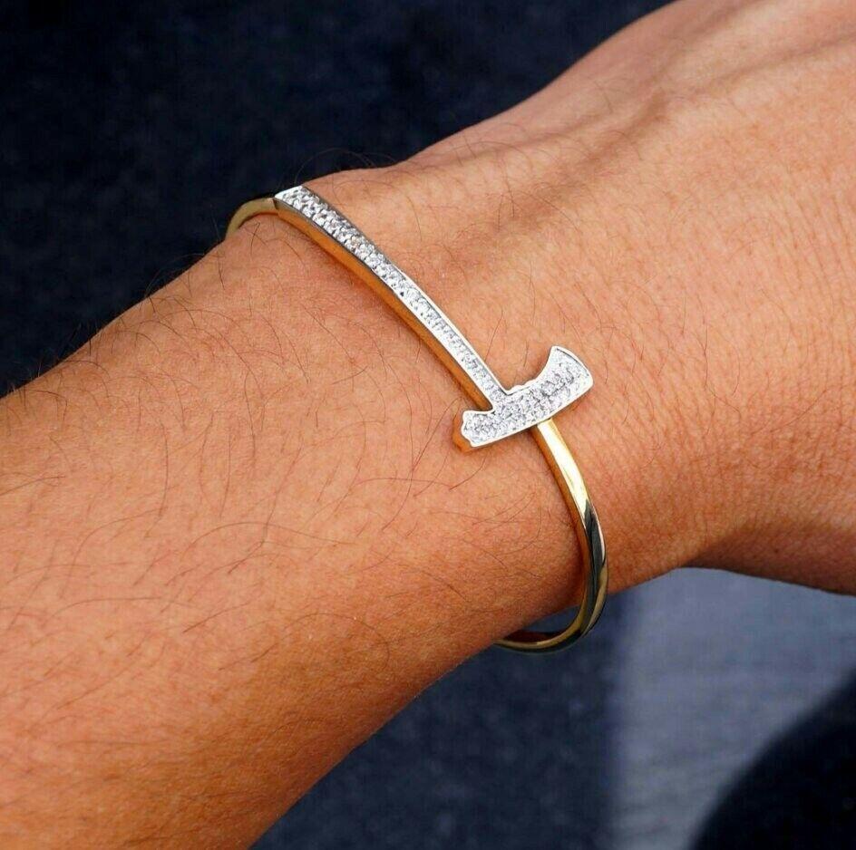 Taglio rotondo Bracciale a T con diamanti originali in oro massiccio 14 carati in vendita