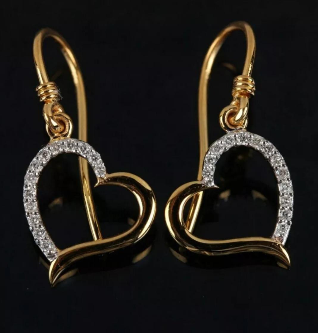 Art Deco Genuine Diamond Heart Shaped Hook Earrings Solid 14K Yellow Gold Fine Jewelry For Sale