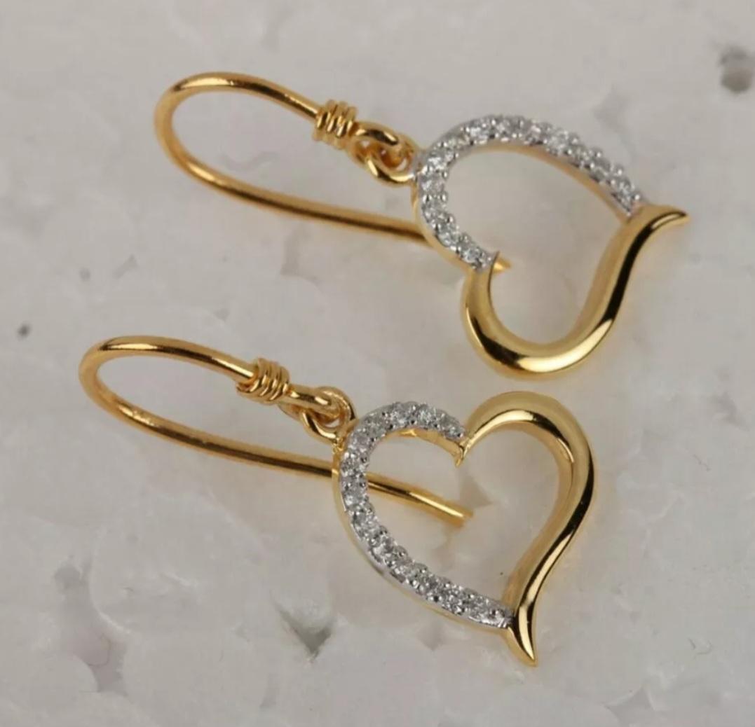 Round Cut Genuine Diamond Heart Shaped Hook Earrings Solid 14K Yellow Gold Fine Jewelry For Sale