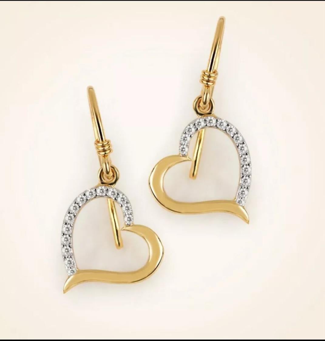 Women's or Men's Genuine Diamond Heart Shaped Hook Earrings Solid 14K Yellow Gold Fine Jewelry For Sale