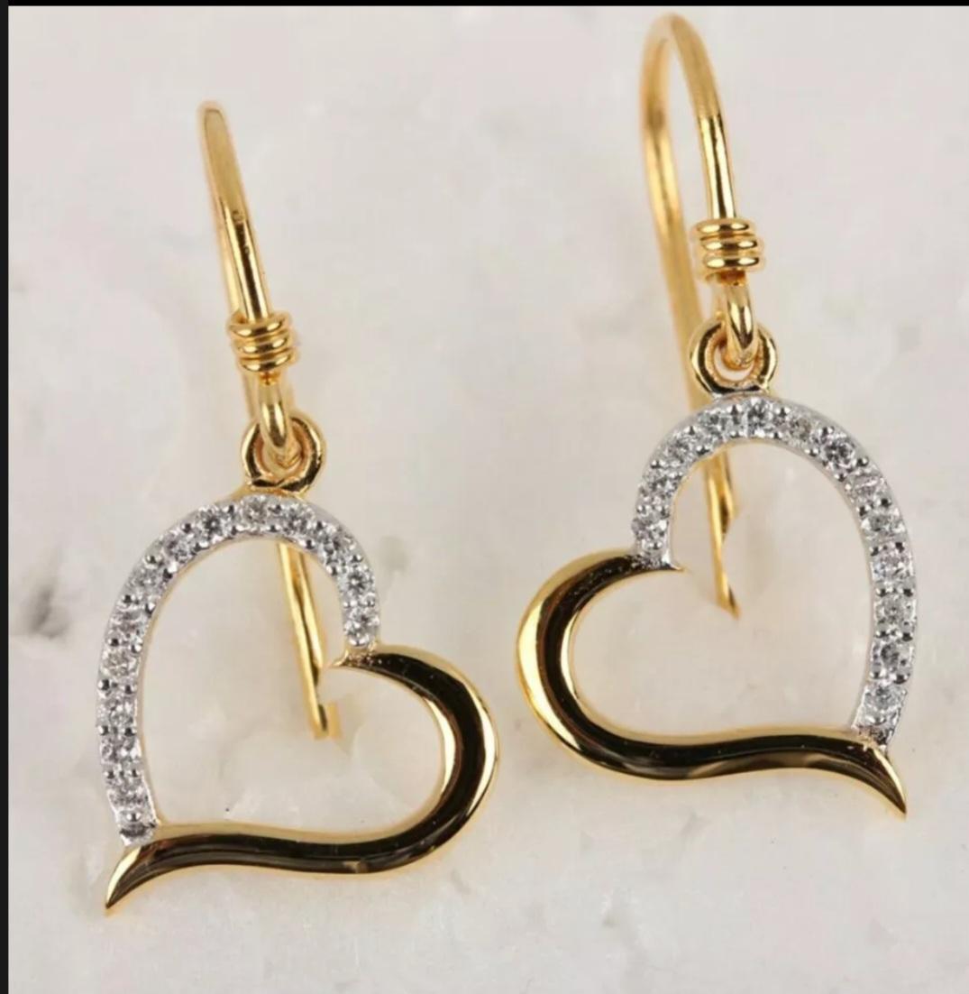 Genuine Diamond Heart Shaped Hook Earrings Solid 14K Yellow Gold Fine Jewelry For Sale 1