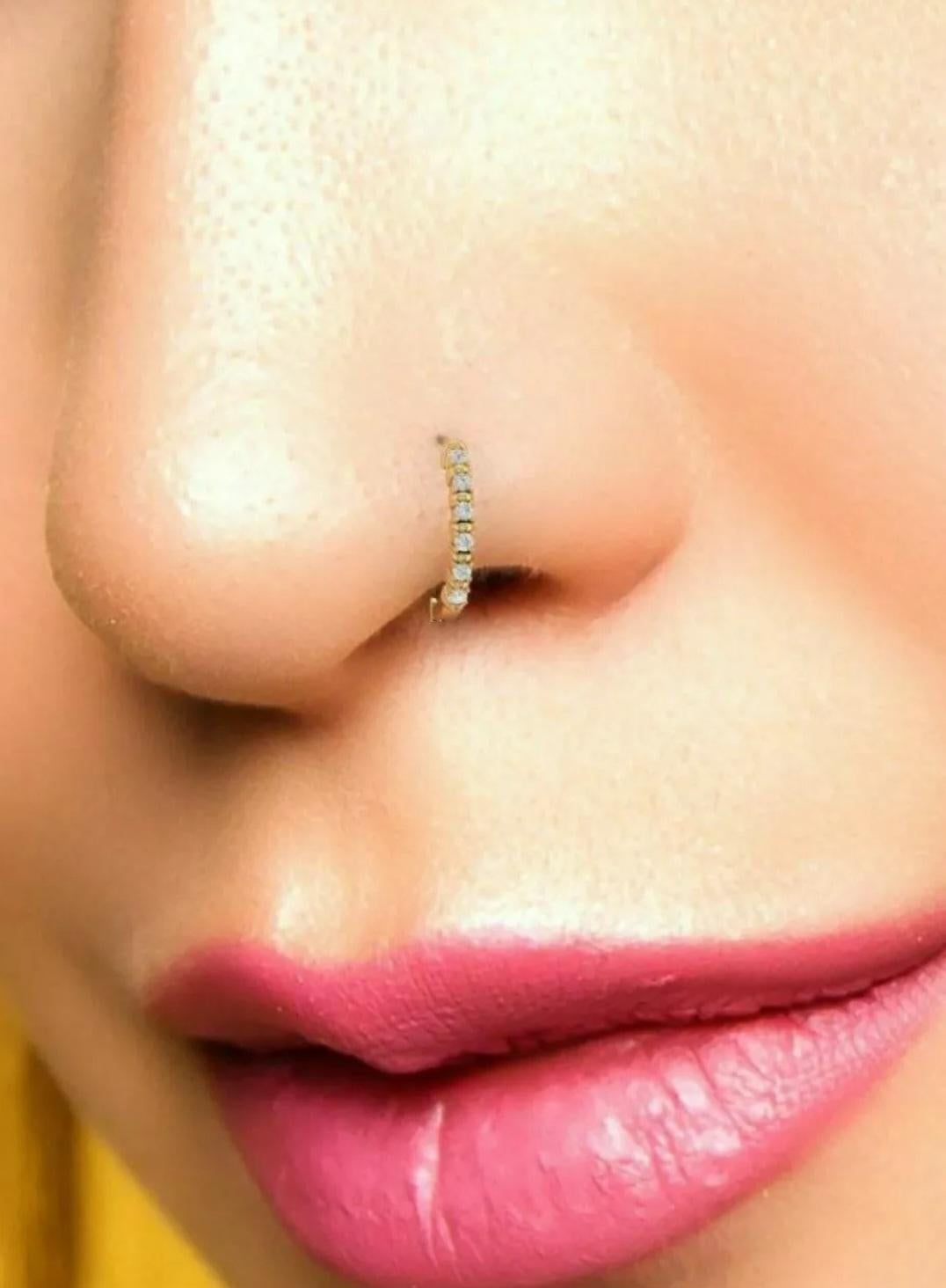Genuine Diamond Hoop Nose Ring 14k Solid Gold Women Diamond Christmas Present In New Condition For Sale In Chicago, IL