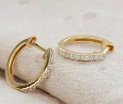Genuine Diamond Huggie Earring Hoop 14k Solid Gold Work wear Gold Jewelry Gift.