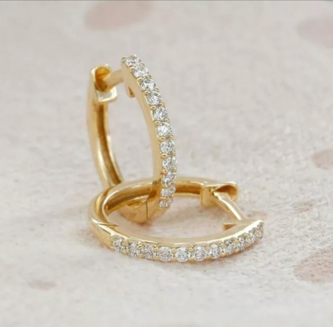 Round Cut Genuine Diamond Huggie Earring Hoop 14k Solid Gold Work wear Gold Jewelry Gift. For Sale