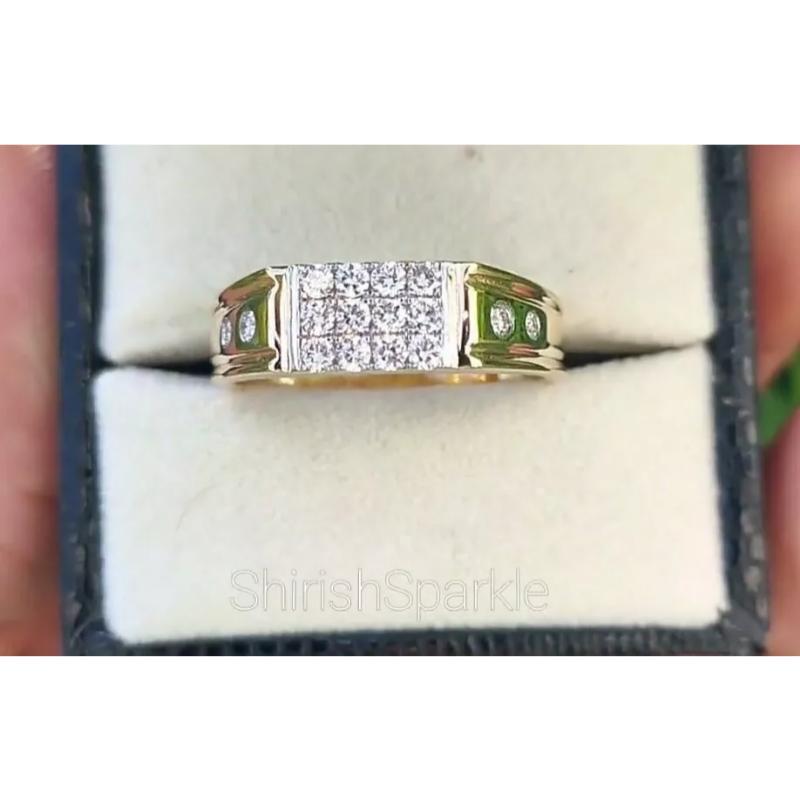 Round Cut Genuine Diamond Men Engagement Square Ring in 14k Solid Gold For Sale
