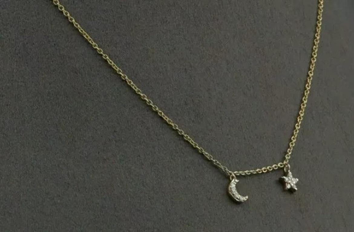 Round Cut Genuine Diamond Moon Star Pendant Necklace in 14k Yellow Gold Minimalist For Sale