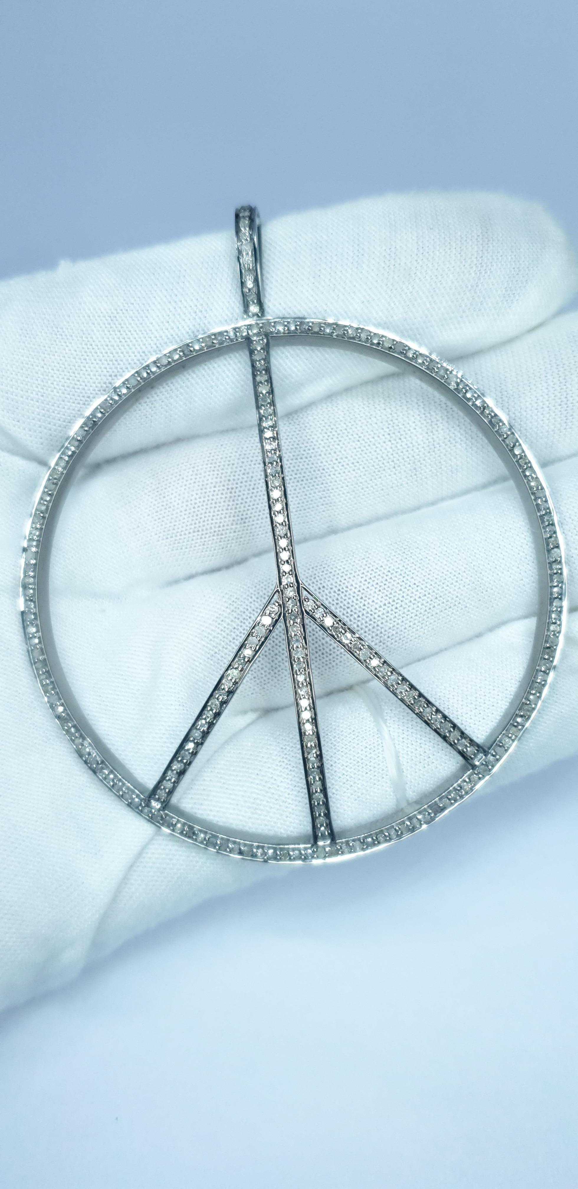Genuine Diamond Peace Pendant 925 Sterling Silver Peace Sign Necklace For Sale 5