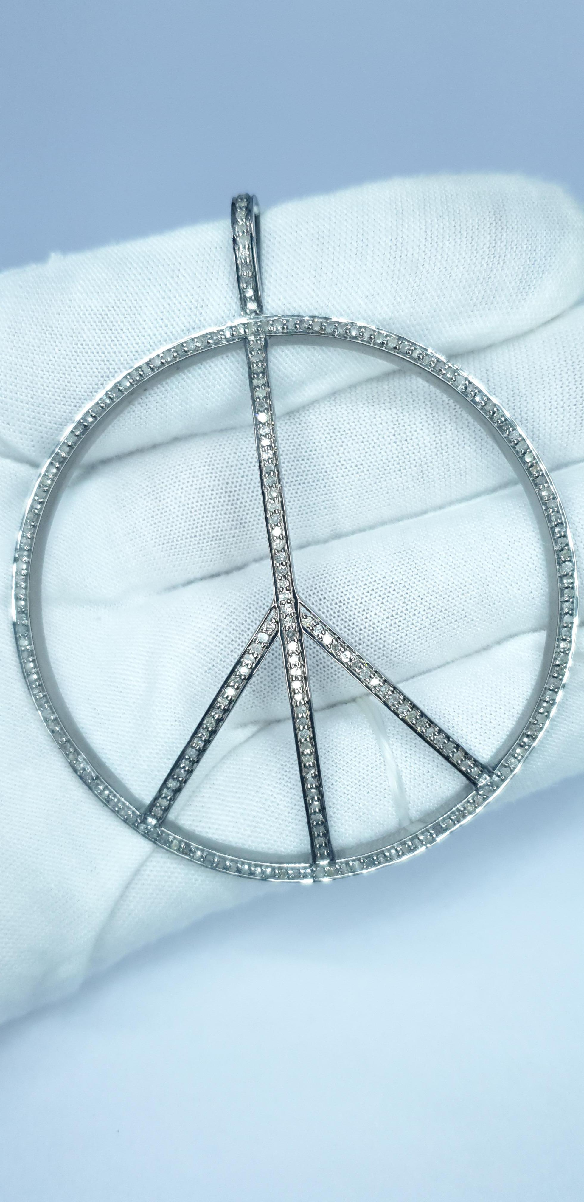 Genuine Diamond Peace Pendant 925 Sterling Silver Peace Sign Necklace For Sale 6