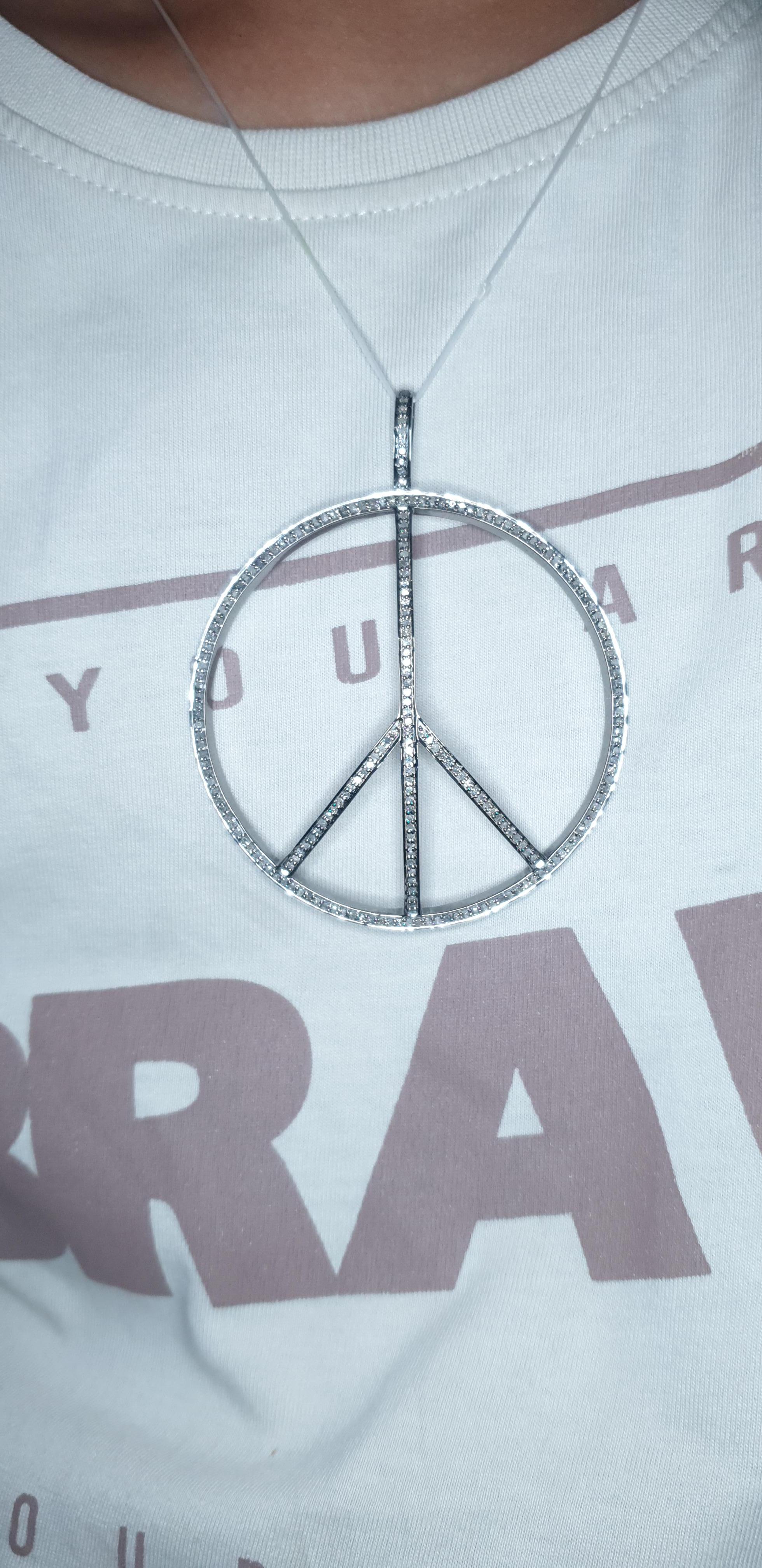 Genuine Diamond Peace Pendant 925 Sterling Silver Peace Sign Necklace For Sale 8