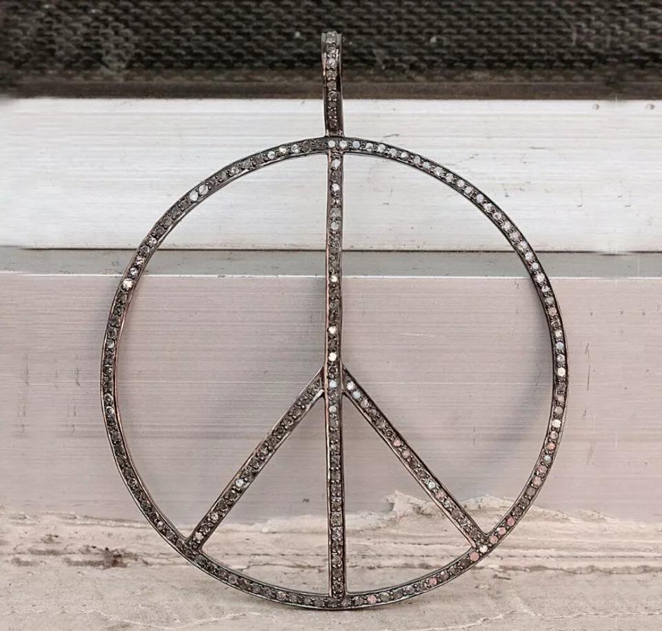 Round Cut Genuine Diamond Peace Pendant 925 Sterling Silver Peace Sign Necklace For Sale