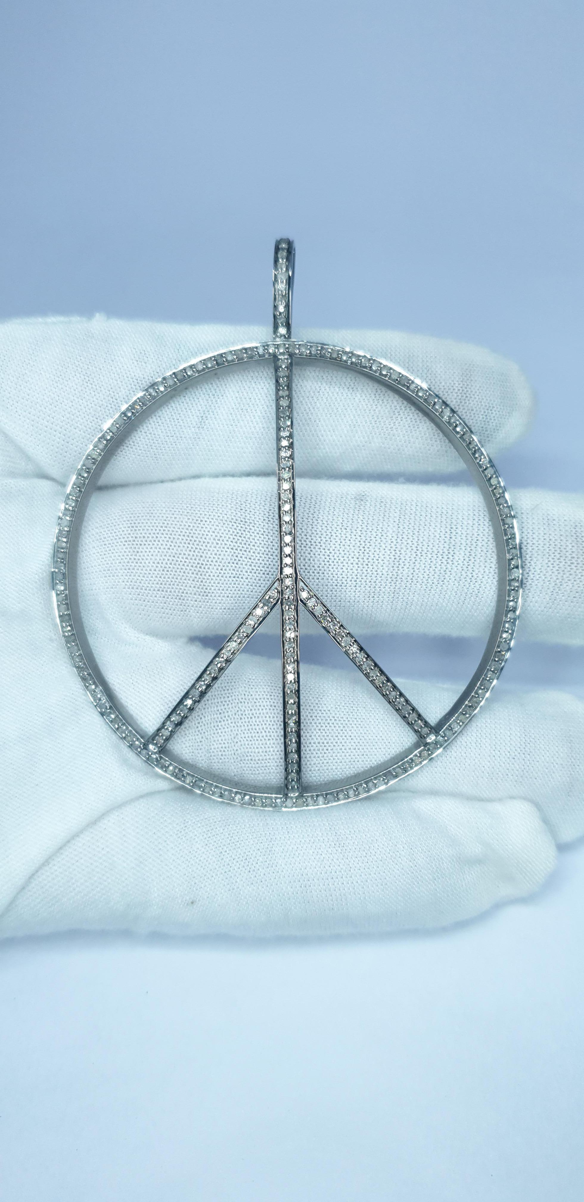 Genuine Diamond Peace Pendant 925 Sterling Silver Peace Sign Necklace For Sale 2