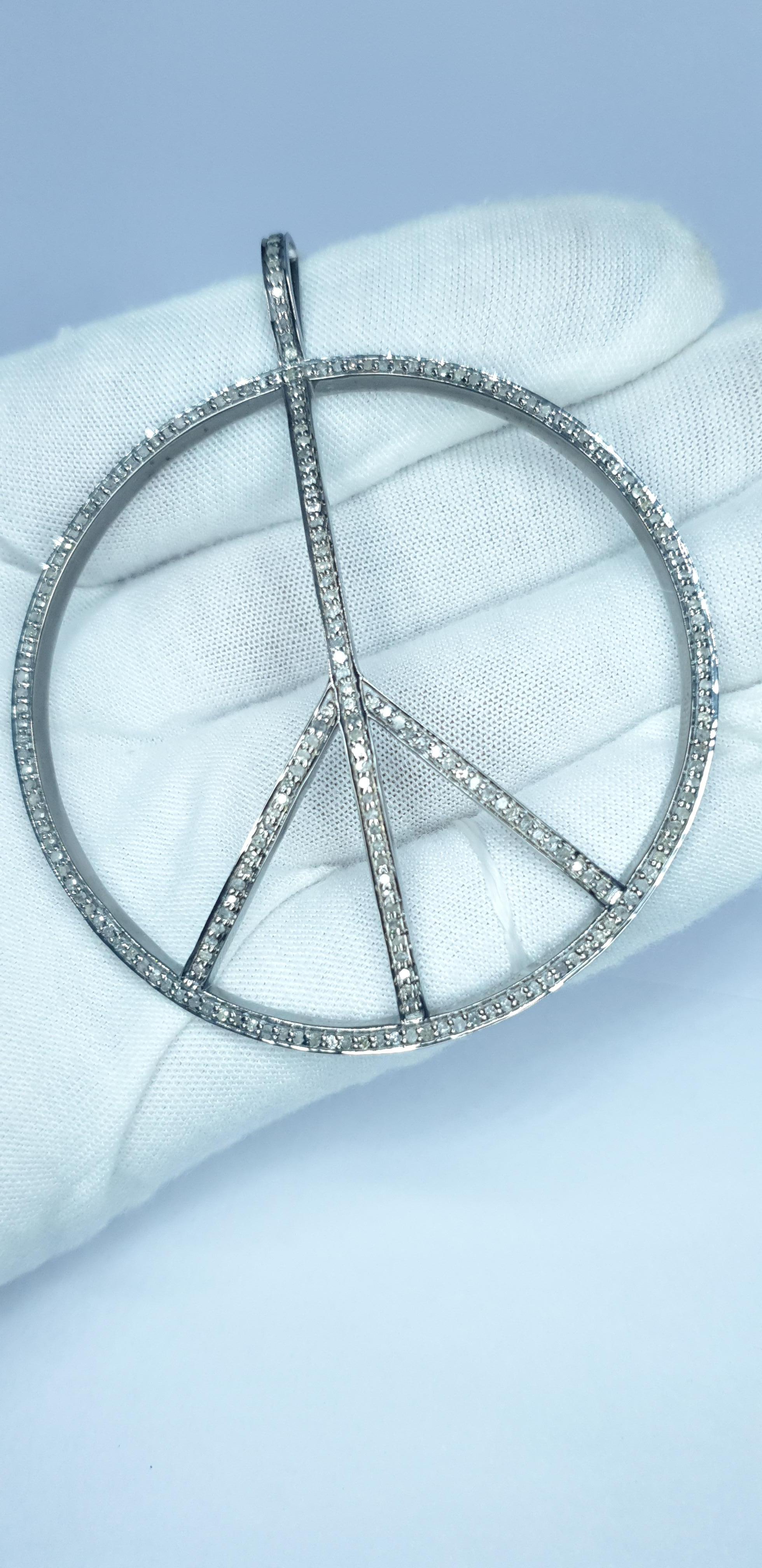 Genuine Diamond Peace Pendant 925 Sterling Silver Peace Sign Necklace For Sale 3