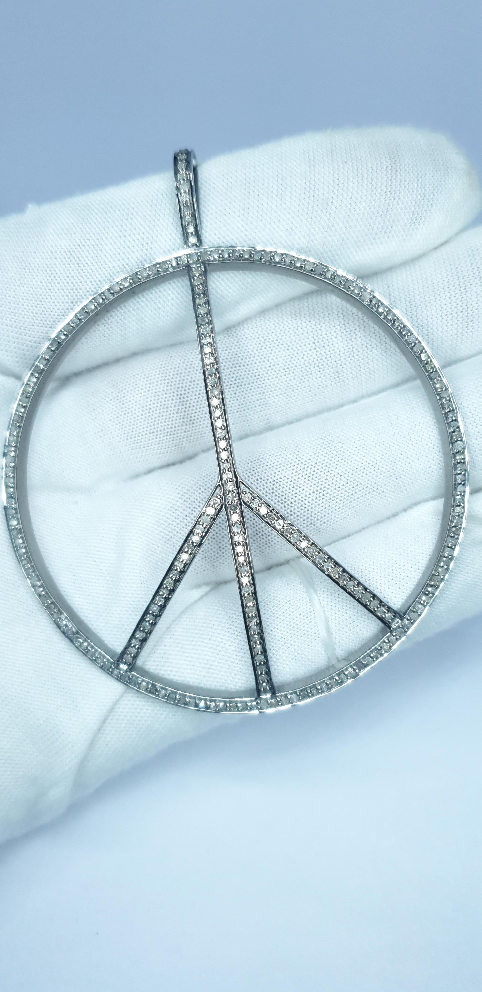 Genuine Diamond Peace Pendant 925 Sterling Silver Peace Sign Necklace For Sale 4