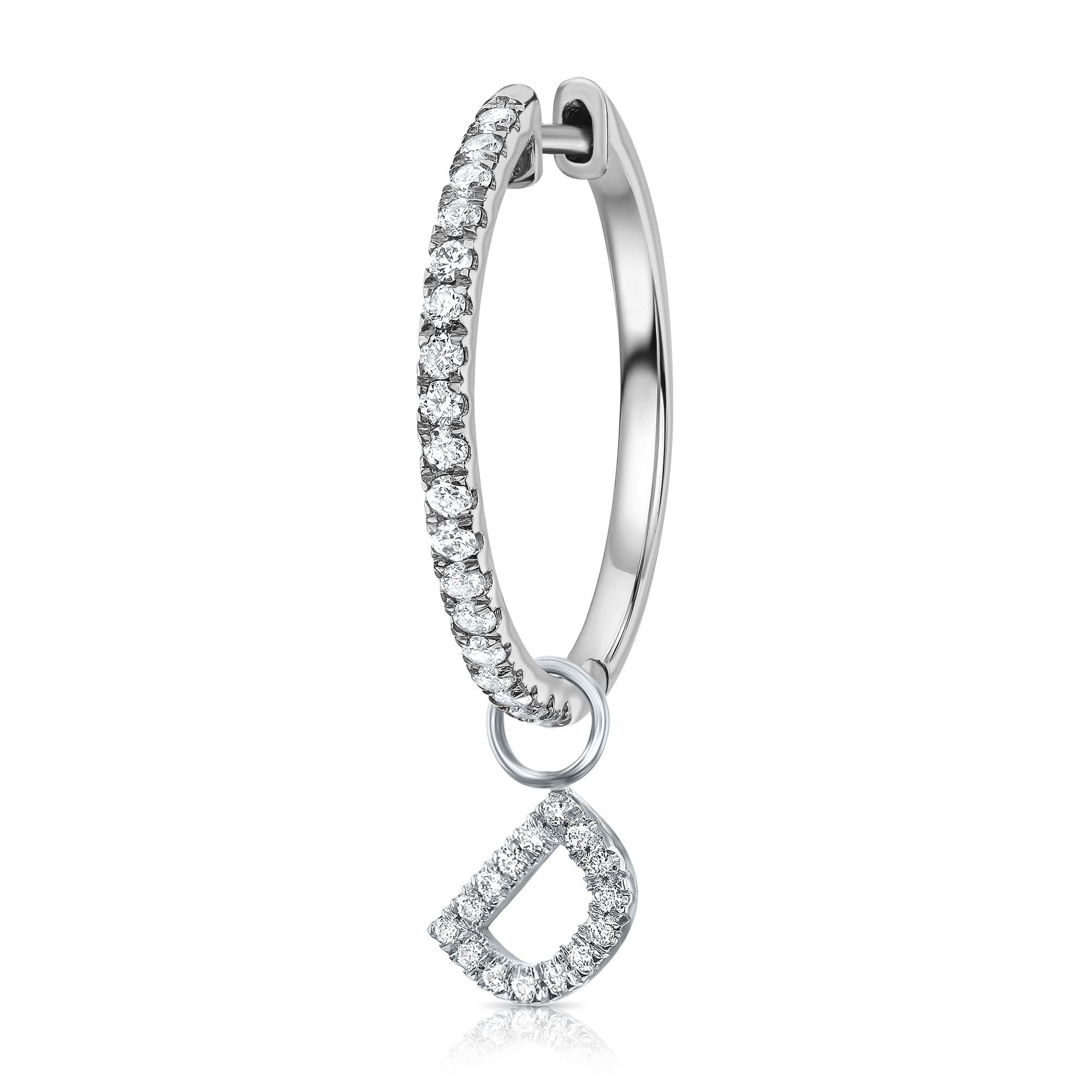 Contemporary Genuine Diamond Single Initial Hoop Charm in 14k White Gold, Shlomit Rogel For Sale