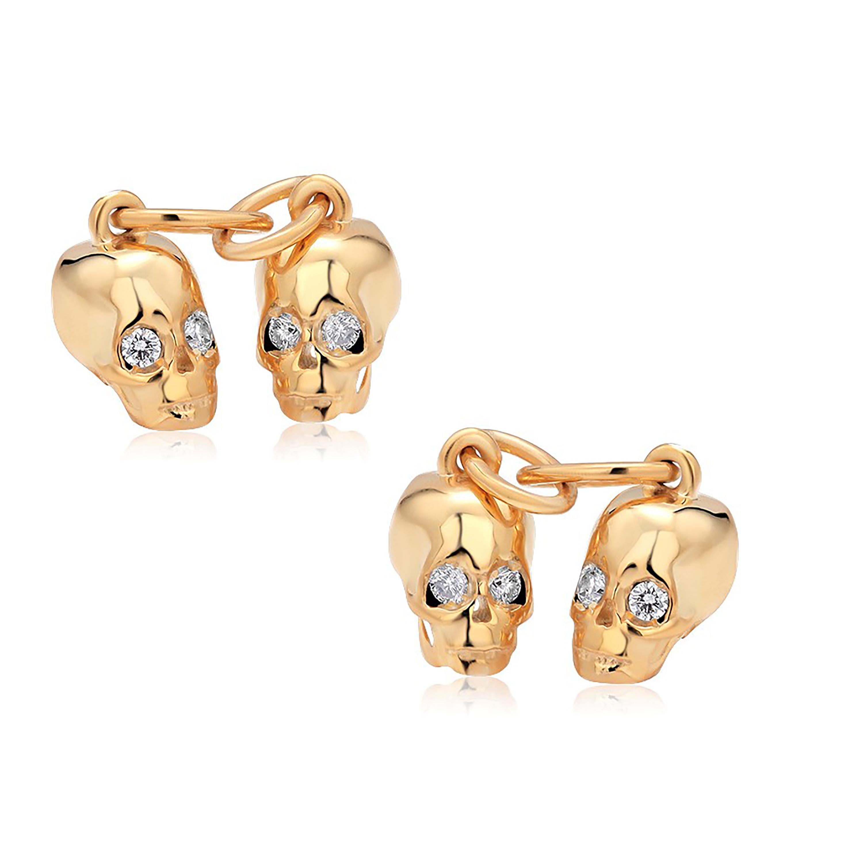 Modern Genuine Diamond Skull Charms Double Sided Silver Cufflinks Yellow Gold-Plated