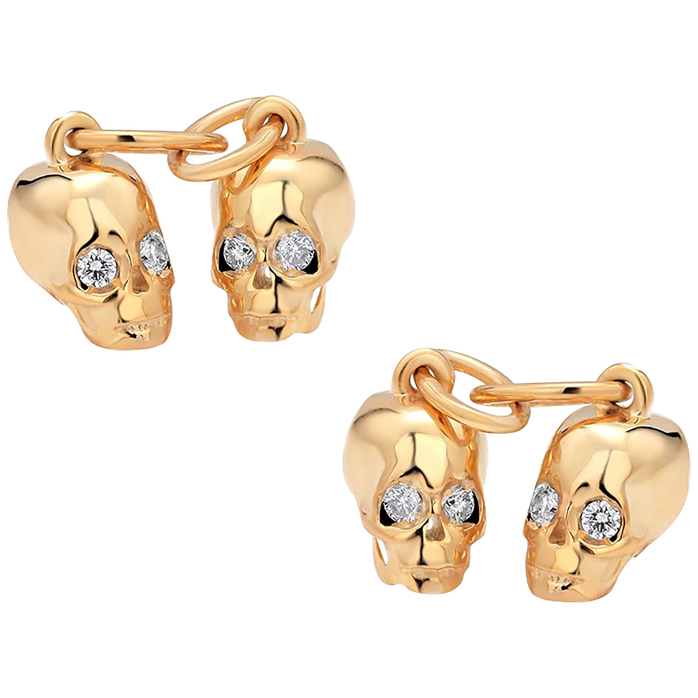 Genuine Diamond Skull Charms Double Sided Silver Cufflinks Yellow Gold-Plated