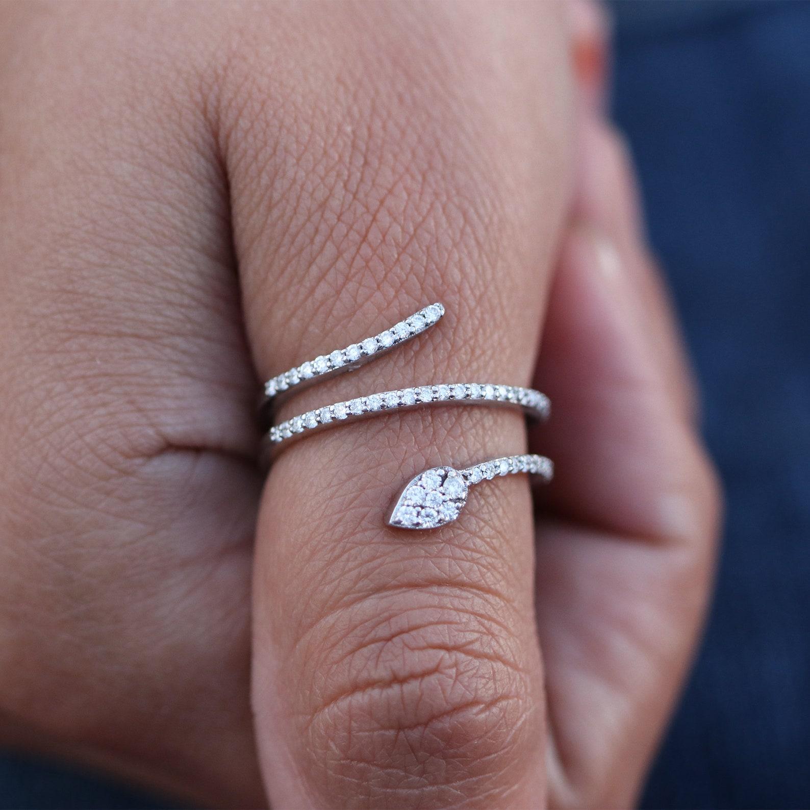 Art Deco Genuine Diamond Snake Ring Half Band Diamond Engagement Ring in 14K Gold For Her For Sale