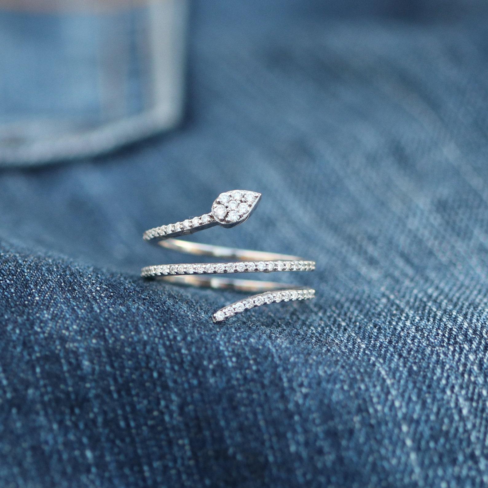 Round Cut Genuine Diamond Snake Ring Half Band Diamond Engagement Ring in 14K Gold For Her For Sale