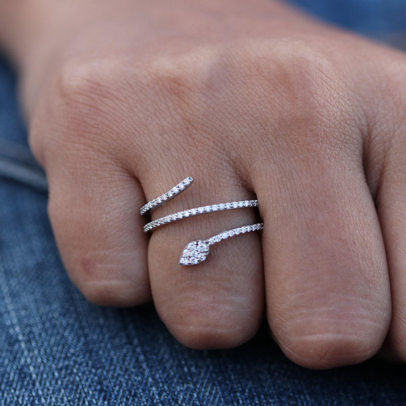 Genuine Diamond Snake Ring Half Band Diamond Engagement Ring in 14K Gold For Her For Sale 2