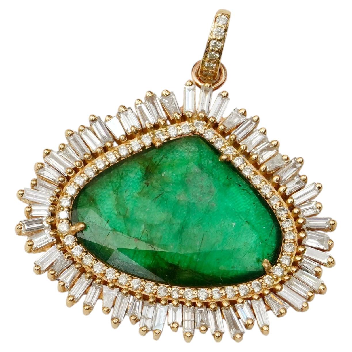 Genuine Diamond Solid 14k Gold Natural Emerald Gemstone Pendant Fine Jewelry