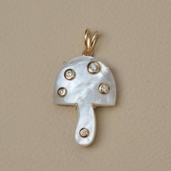 Genuine Diamond Solid 14k Yellow Gold Mother Of Pearl Gemstone Mushroom Pendant