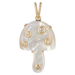 Genuine Diamond Solid 14k Yellow Gold Mother Of Pearl Gemstone Mushroom Pendant