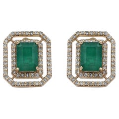 Genuine Diamond Solid 14k Yellow Gold Natural Emerald Gemstone Studs Earrings