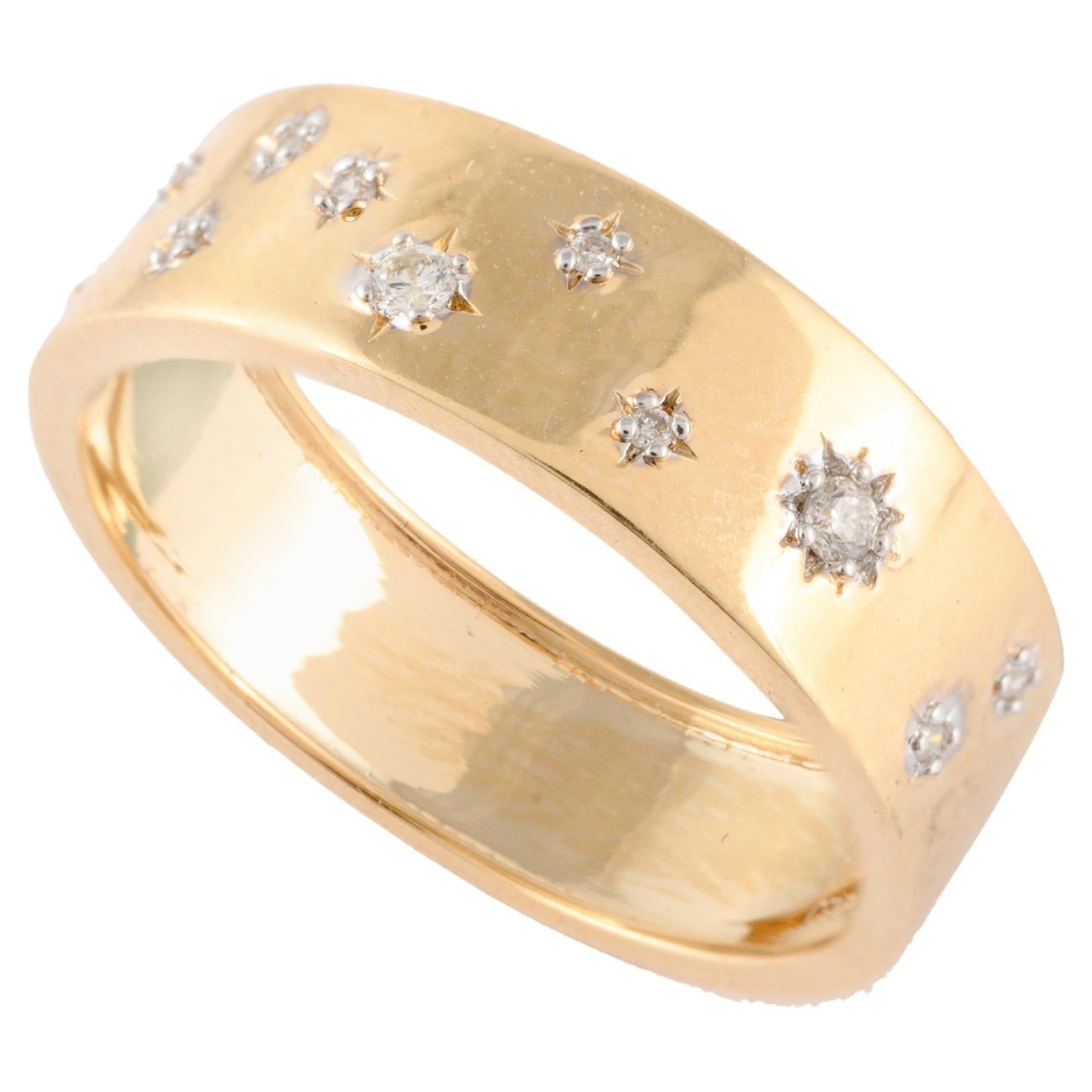 For Sale:  Genuine Diamond Stardust Unisex Band Ring in 18k Solid Yellow Gold